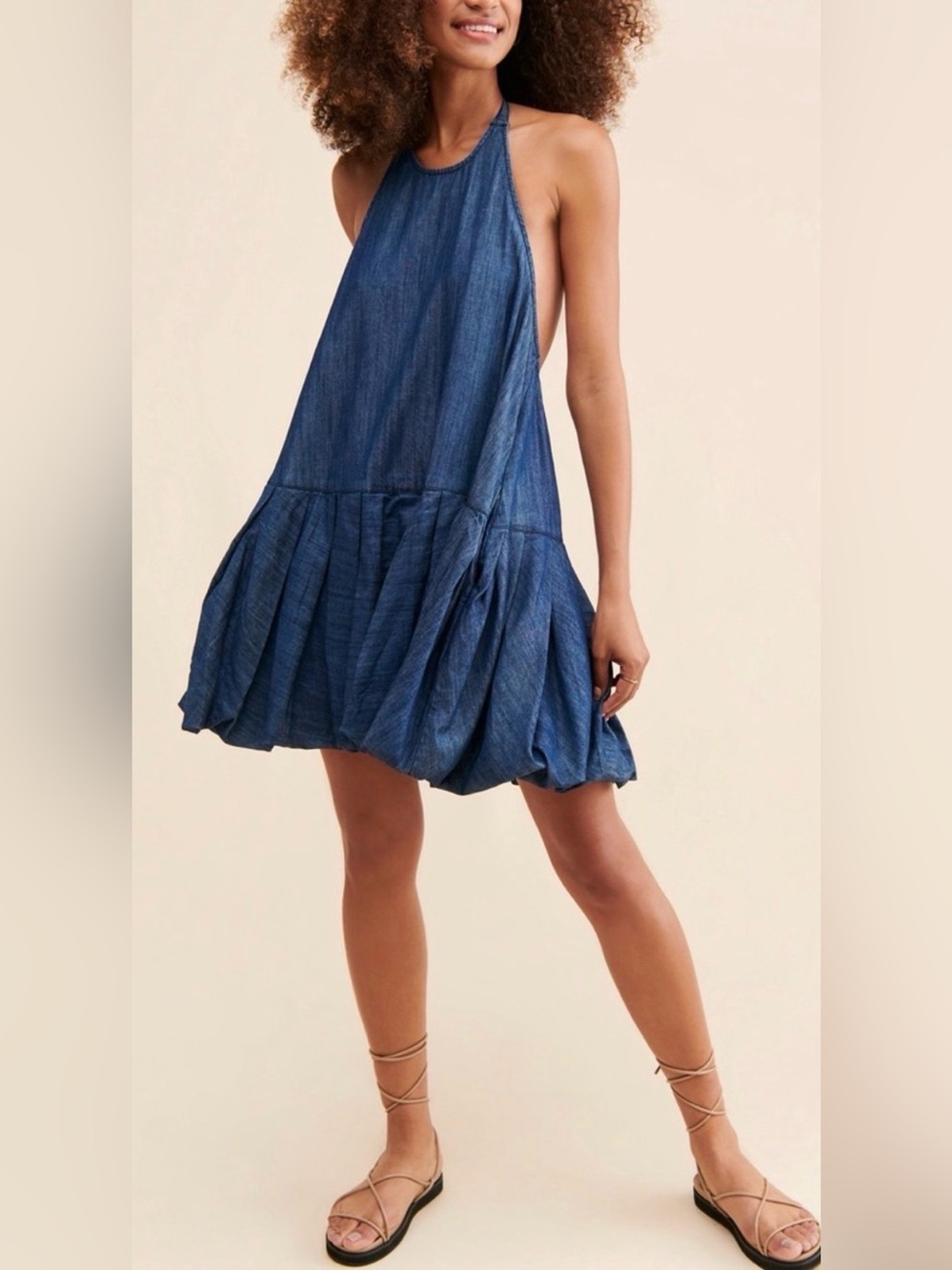 Free People - Bubble Denim Oversized Tied Halter Pocket Mini Dress Size Small